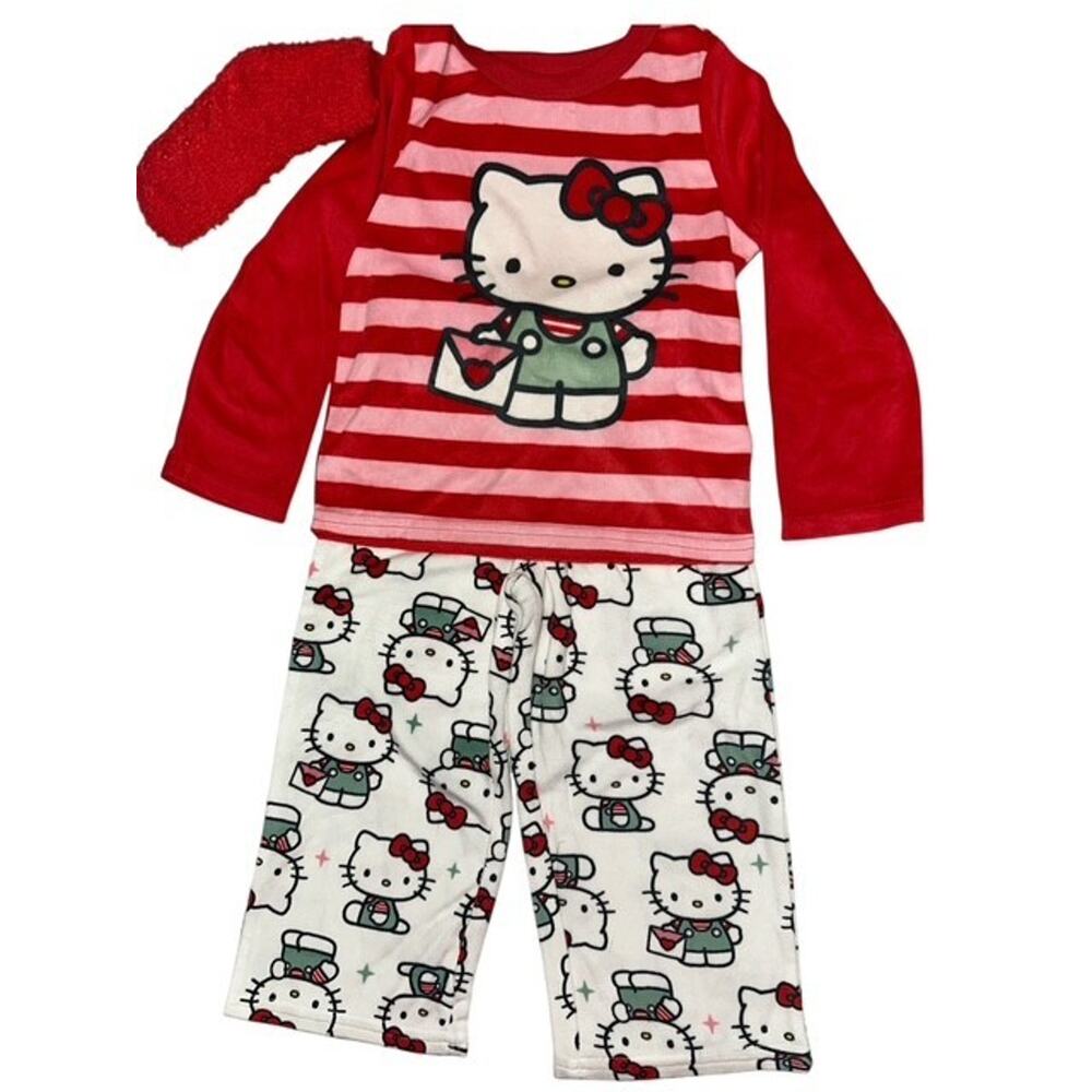 Hello Kitty 4T Toddler 3 Piece Pajama Sock Set Red Flannel Cartoon PJ Sleepwear